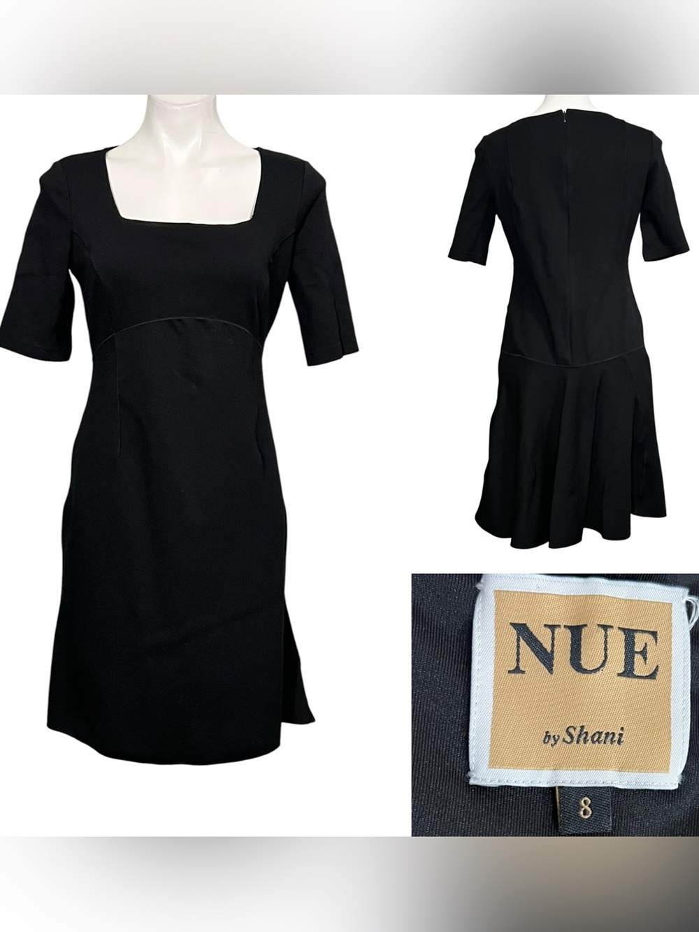 Nue by Shani Dress Black Square-Neck Short Sleeve stretch Shapewear knee length